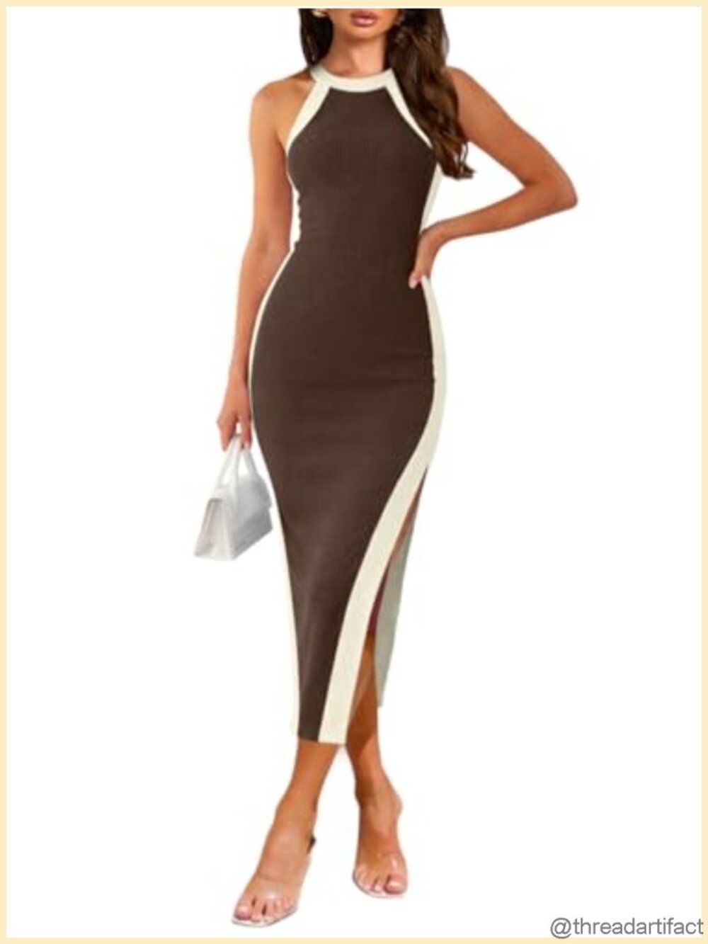 Womens Sleeveless Halter Ribbed Knit Bodycon Midi Dress Side Slit Night Out